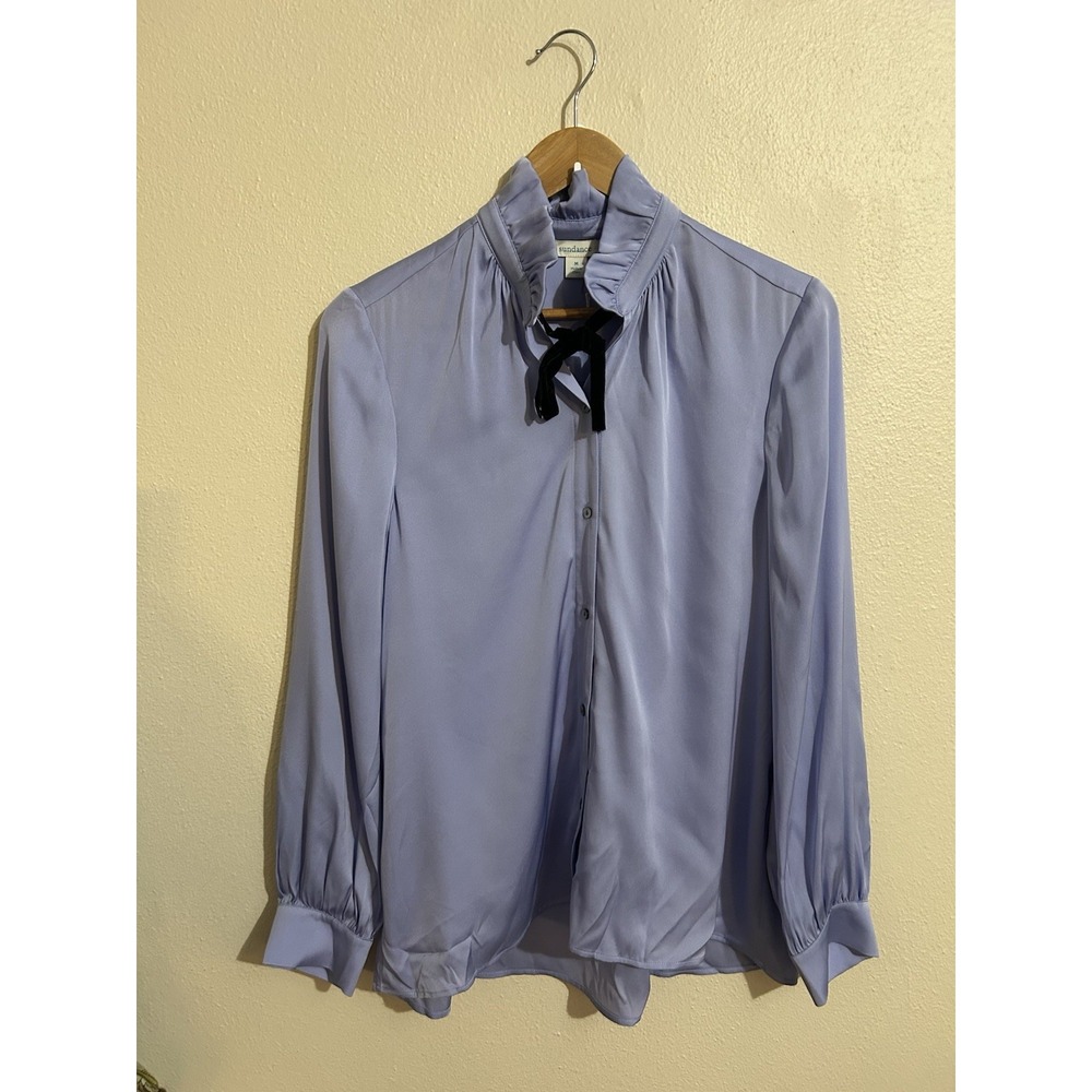 Sundance Silk Blue Long Sleeve Button Down Blouse Bow Tie Women's Size Medium
